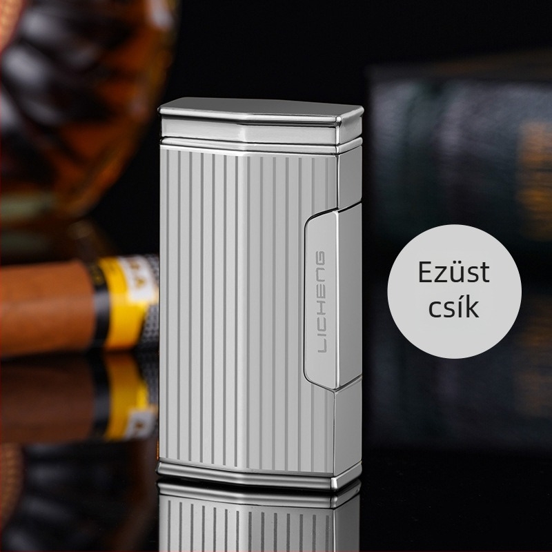 Négylángú butános gyújtó szivarhoz, szélvédett kialakítás, fémből készült test, nyomtatott logó