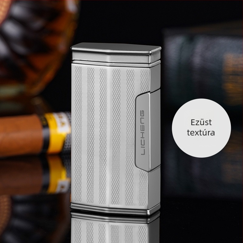 Négylángú butános gyújtó szivarhoz, szélvédett kialakítás, fémből készült test, nyomtatott logó