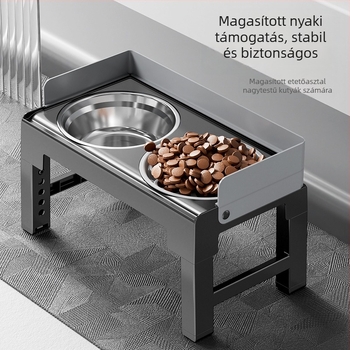 Állateledel- etetőtál emelt magasságban és állítható dőlésszöggel, nyakvédő, anti-tipp funkcióval, közepes és nagytestű kutyáknak