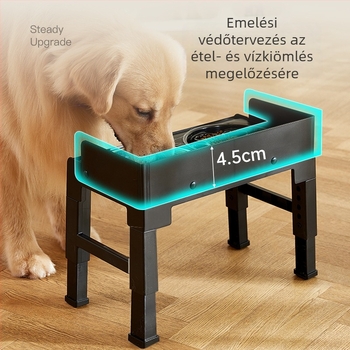 Állateledel- etetőtál emelt magasságban és állítható dőlésszöggel, nyakvédő, anti-tipp funkcióval, közepes és nagytestű kutyáknak