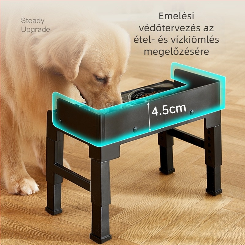 Állateledel- etetőtál emelt magasságban és állítható dőlésszöggel, nyakvédő, anti-tipp funkcióval, közepes és nagytestű kutyáknak
