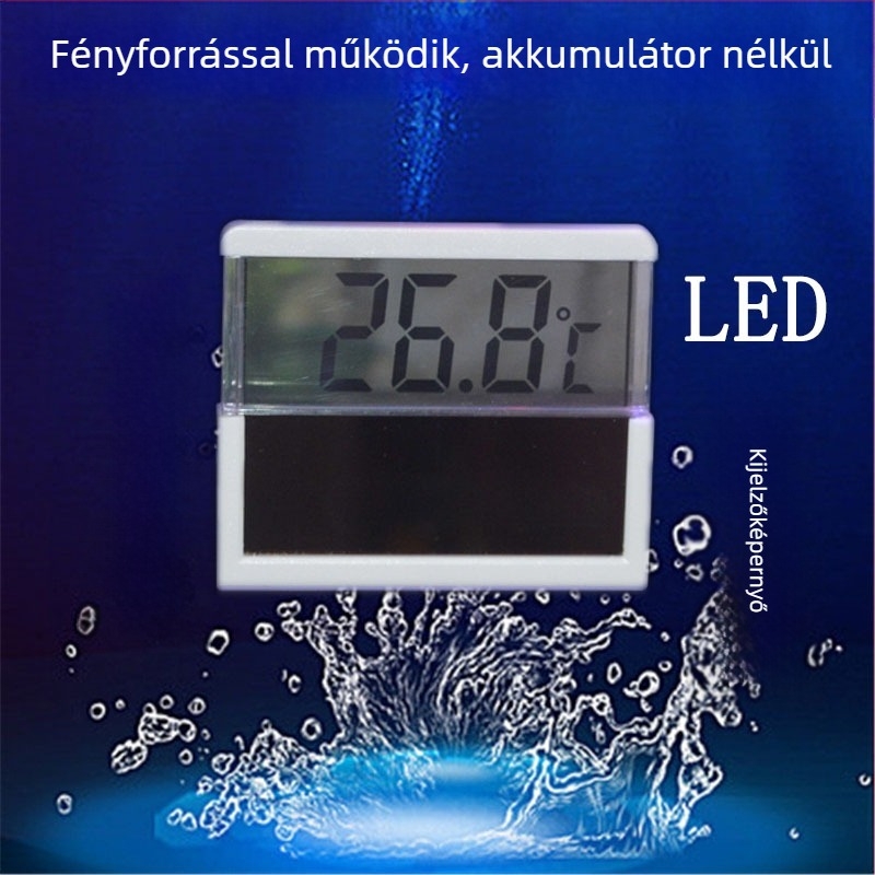 Napelemes akváriumi hőmérő digitális LCD/LED kijelzővel, műanyag test, 50 g