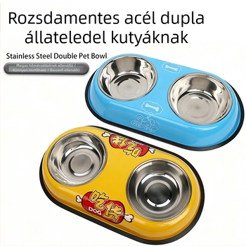 Nemesacélból készült etetőtál háziállatoknak, kettős tál kutyáknak és macskáknak, étel és ital egyben, csúszásmentes kivitel
