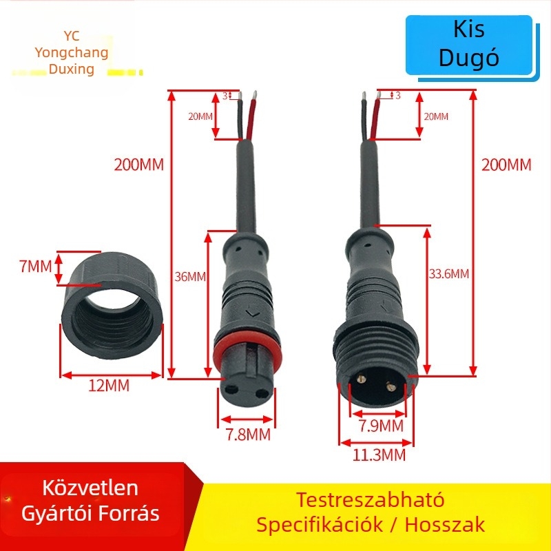 Vízálló dugó- és csatlakozó 2–5 magos rendszerekhez, réz érintkezők, PVC szigetelés, 60V 3A, autóipar, elektronika, ipar