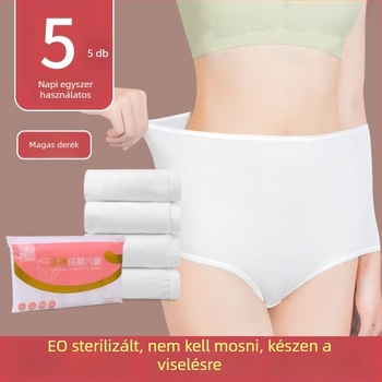 Egyszer használatos kismama női fehérnemű — könnyű, légáteresztő, magas elasztikusság; fő anyag pamut, haránt részen pamut bélés, magas derekú