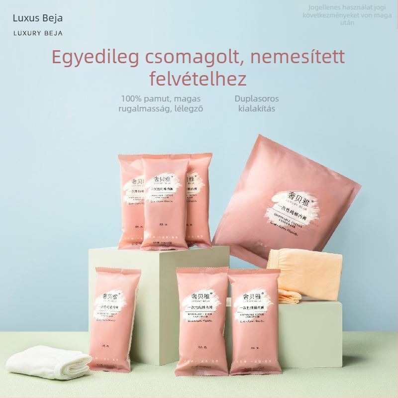 Egyszer használatos kismama női fehérnemű — könnyű, légáteresztő, magas elasztikusság; fő anyag pamut, haránt részen pamut bélés, magas derekú