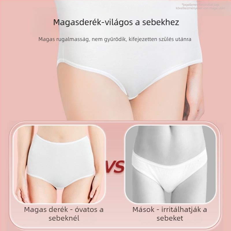 Egyszer használatos kismama női fehérnemű — könnyű, légáteresztő, magas elasztikusság; fő anyag pamut, haránt részen pamut bélés, magas derekú