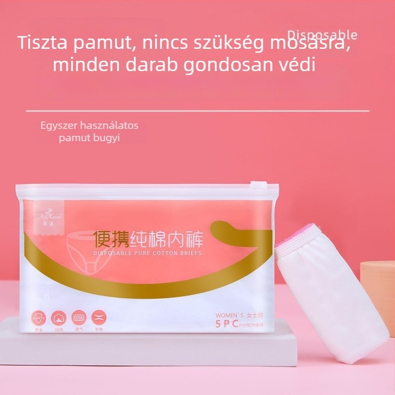 Egyszer használatos kismama női fehérnemű — könnyű, légáteresztő, magas elasztikusság; fő anyag pamut, haránt részen pamut bélés, magas derekú