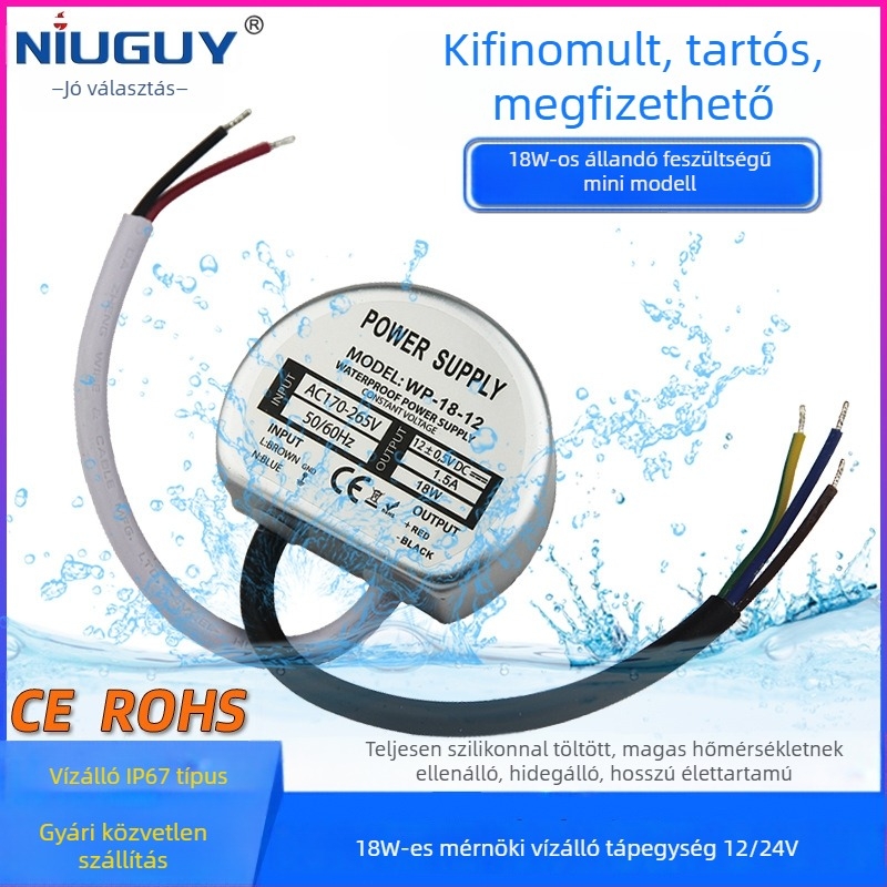 vízálló LED tápegység, kimenet 12V/24V választható, 18W, IP67, PWM, bemenet 170–264VAC