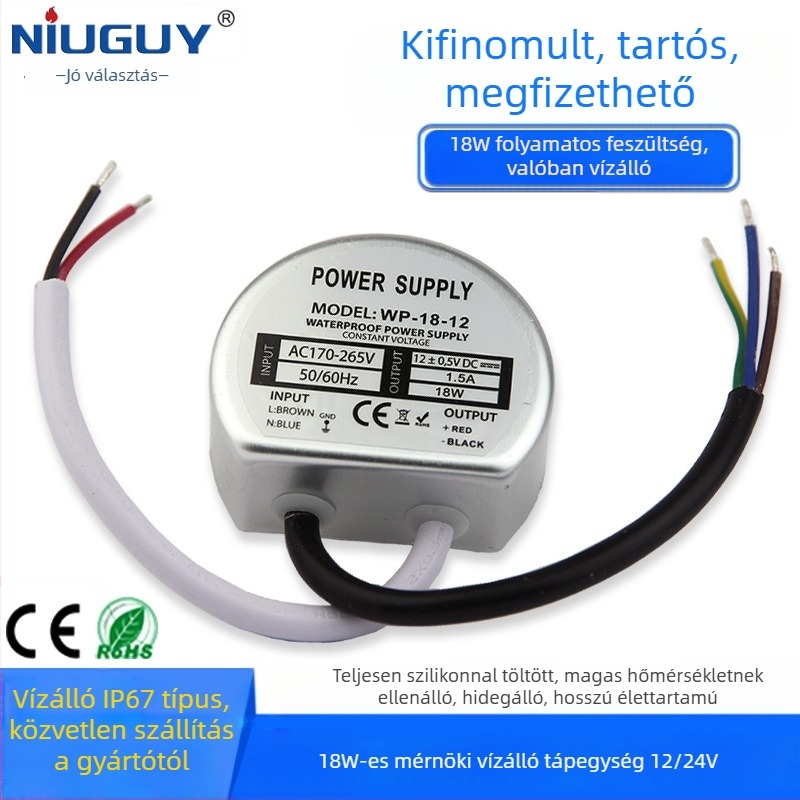 vízálló LED tápegység, kimenet 12V/24V választható, 18W, IP67, PWM, bemenet 170–264VAC