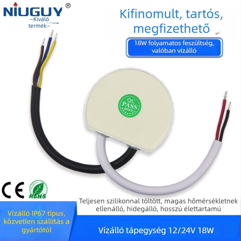 vízálló LED tápegység, kimenet 12V/24V választható, 18W, IP67, PWM, bemenet 170–264VAC