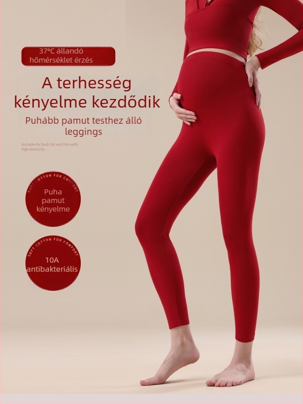 Vörös kismama melegítő leggings őszi–téli szezonra, pamutból készült belső béléssel, magas derekú