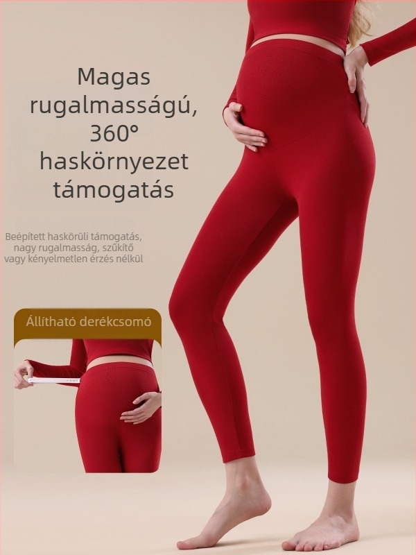 Vörös kismama melegítő leggings őszi–téli szezonra, pamutból készült belső béléssel, magas derekú