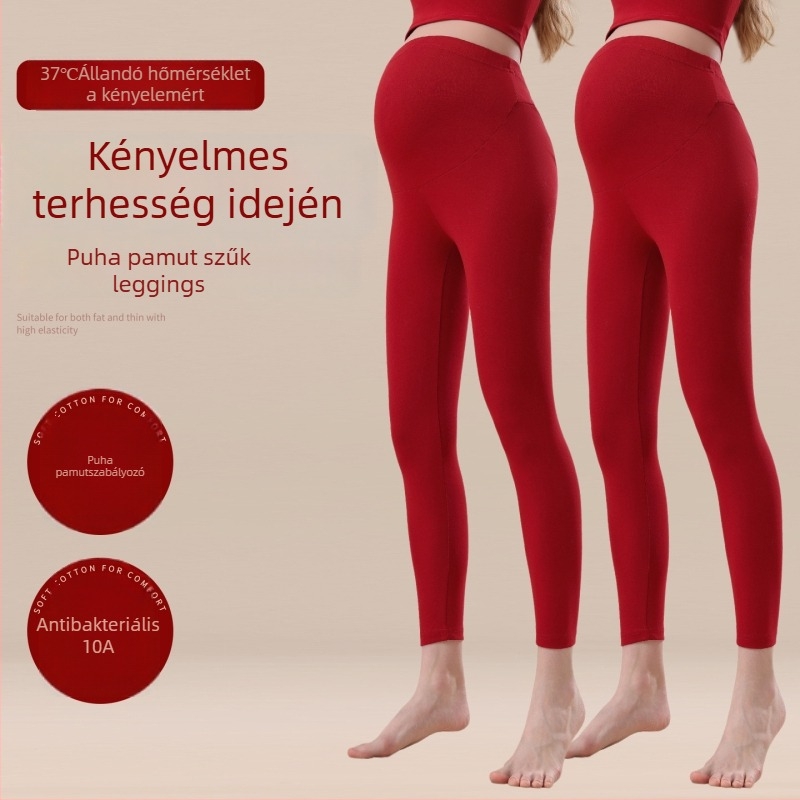 Vörös kismama melegítő leggings őszi–téli szezonra, pamutból készült belső béléssel, magas derekú