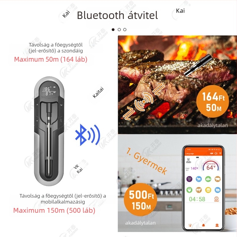 Kaitai Okos Bluetooth grill hőmérő okostelefonos alkalmazással, amerikai stílusú steakhez