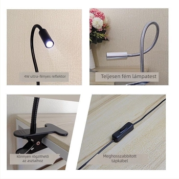 LED-clip lámpa hálózati tápellátással, rugalmas nyakkal – éjjeli olvasólámpa az ágy mellett, spot fény gépekhez és akváriumhoz