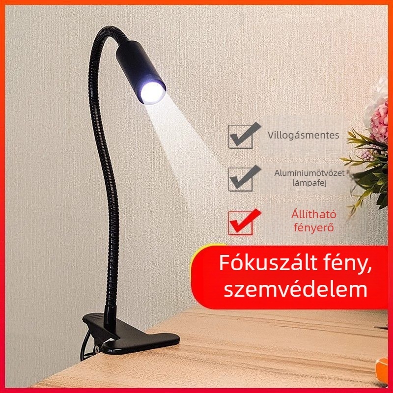 LED-clip lámpa hálózati tápellátással, rugalmas nyakkal – éjjeli olvasólámpa az ágy mellett, spot fény gépekhez és akváriumhoz