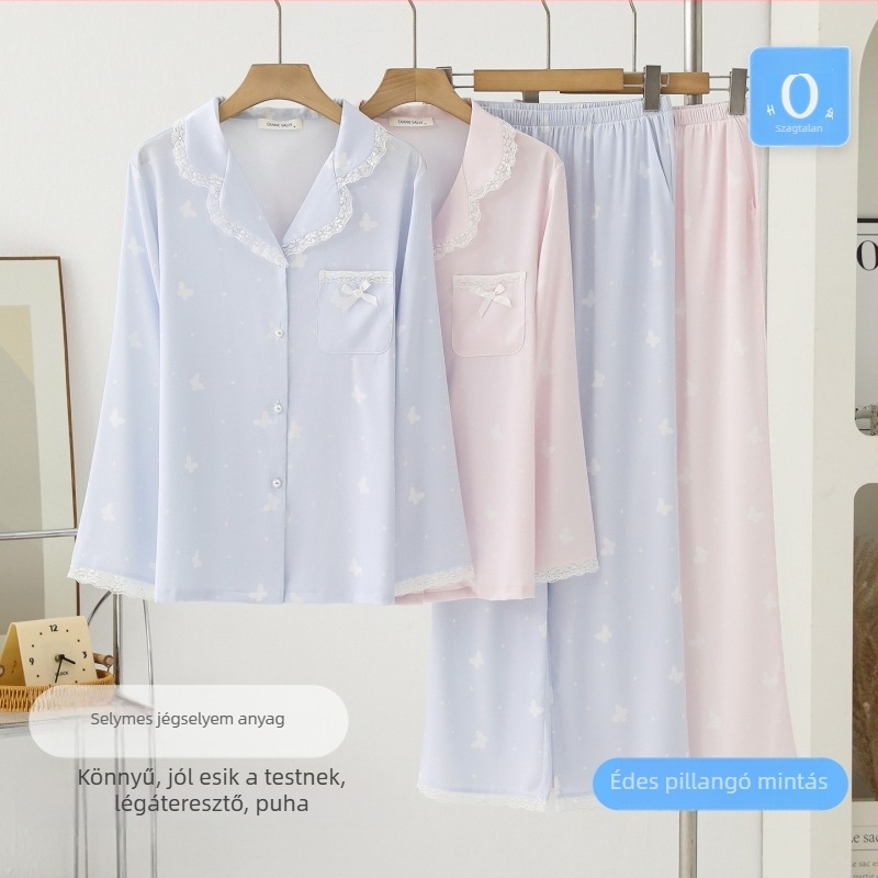 Ice silk anyagú pizsama készlet, csipke masni mintával, kardigán reveres kivitelben, hosszú ujjú felső és nadrág, otthoni viselet tavasz–ősz