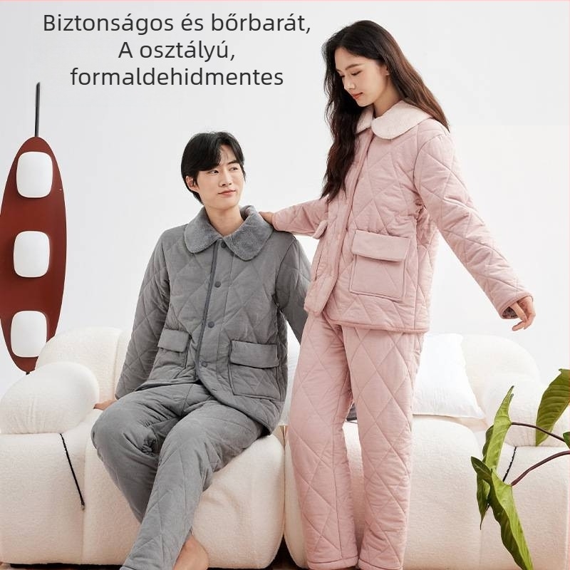 Női háromrétegű quiltelt, vastag meleg pizsama szett kontrasztos gallérral, őszi-téli