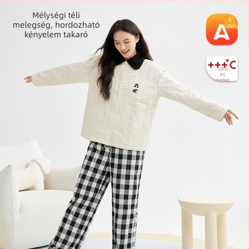 Női őszi-téli tömött pizsama szett hímzett, kockás nadrággal