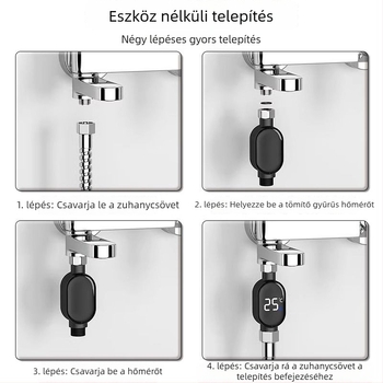 Zuhanyzó higrométer LED kijelzővel, 1°C felbontás, vízbeömlőcső, testreszabható opciók