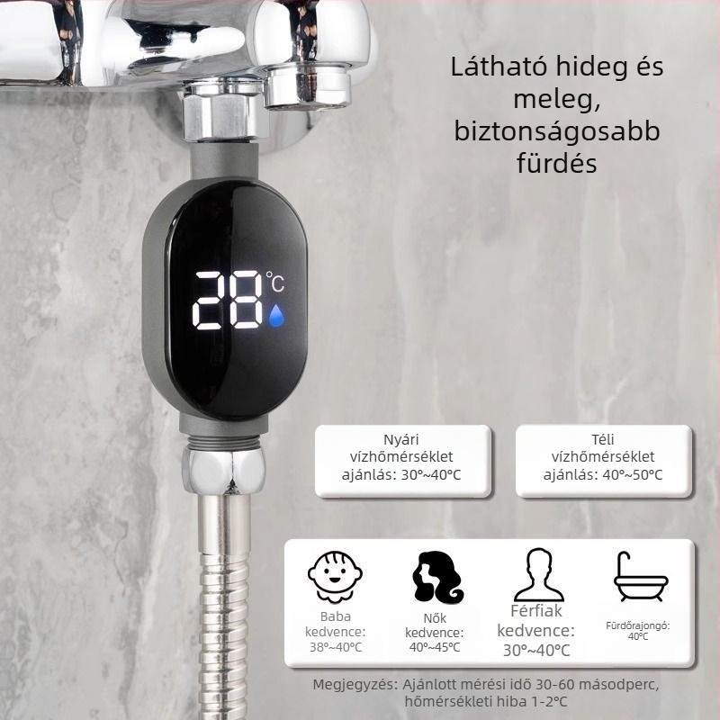 Zuhanyzó higrométer LED kijelzővel, 1°C felbontás, vízbeömlőcső, testreszabható opciók