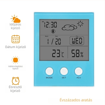 CH-904 Belső használatra szánt hőmérséklet- és páratartalom-mérő, nagy digitális kijelzővel és időalarmos ébresztővel; Felbontás: hőmérséklet 1°C, páratartalom 1% RH