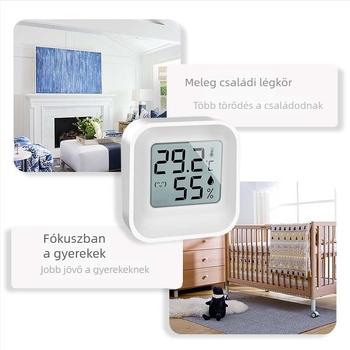 Belső mini hőmérséklet- és páratartalom-mérő, 1-es felbontással, hőmérséklet ±0,5°C, páratartalom ±3%, 1,5V gombakkuval működtetve