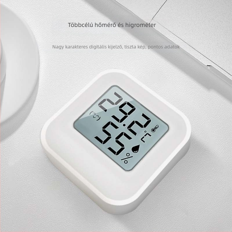 Belső mini hőmérséklet- és páratartalom-mérő, 1-es felbontással, hőmérséklet ±0,5°C, páratartalom ±3%, 1,5V gombakkuval működtetve