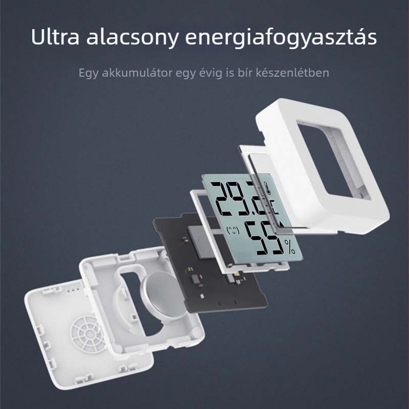 Belső mini hőmérséklet- és páratartalom-mérő, 1-es felbontással, hőmérséklet ±0,5°C, páratartalom ±3%, 1,5V gombakkuval működtetve