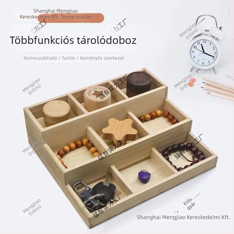 Tömörfa asztali tároló doboz, többfunkciós, japán stílus, 18 rekesz kapacitás, fedél nélküli.