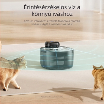 Macska vízadagoló állandó hőmérséklettel, keringő fűtés, víz–áram elválasztás, rozsdamentes acél; levehető
