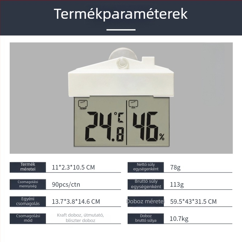 Ablak hőmérő és higrométer szívókorongos, önragasztó, beltéri és kültéri használatra, 1 °C hőmérséklet felbontás