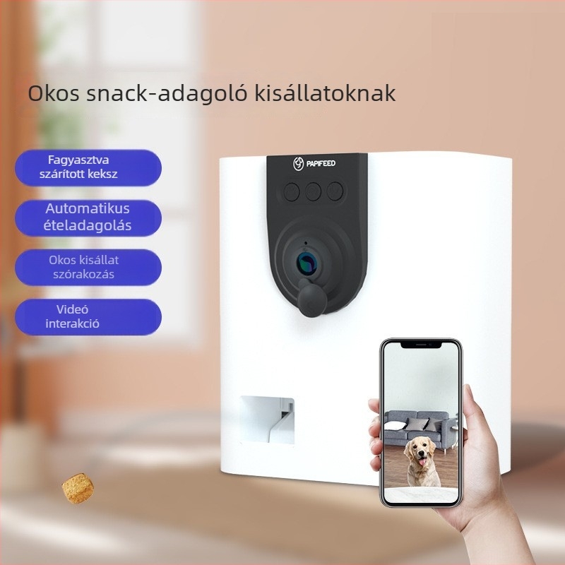 Okos háziállat-etető automata távoli alkalmazással és videó‑interakcióval, jutalmazó nassolás funkcióval és unaloműző játékkal.