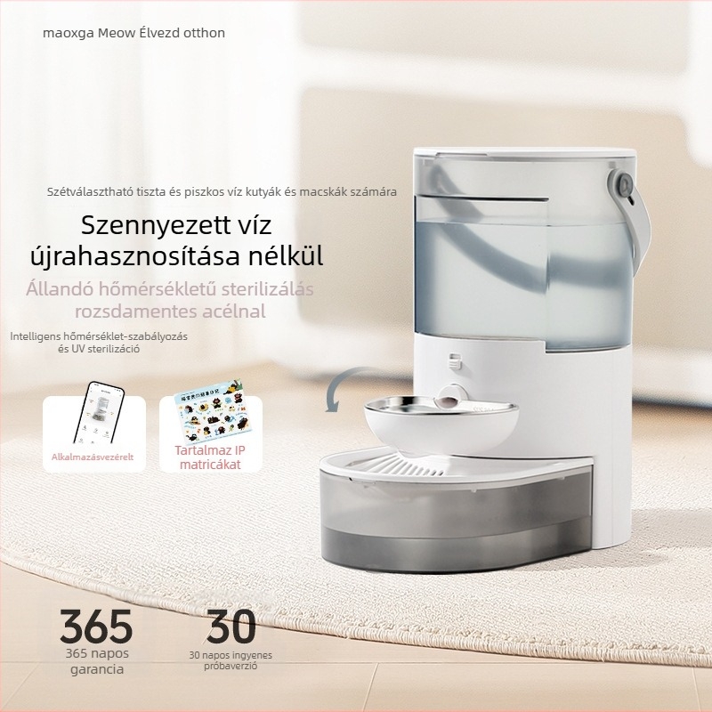 Meow Enjoy Home Háziállatvíz-adagoló, szétválasztva a tiszta és a piszkos víz, vezeték nélküli feltöltés, intelligens állandó hőmérséklet, macskáknak és kutyáknak