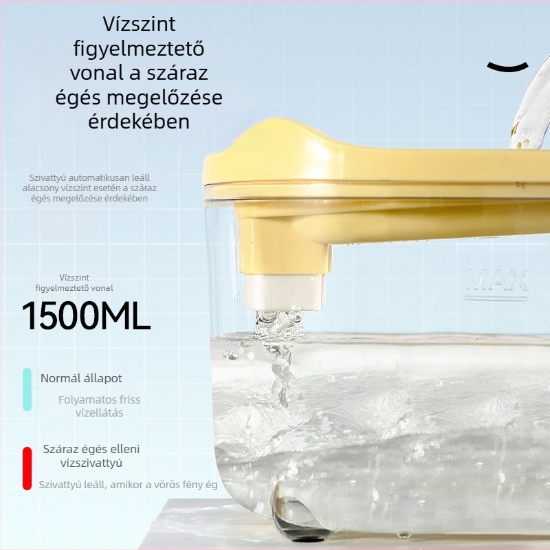 Átlátszó automata vízadagoló háziállatoknak, csendes, intelligens szárazság elleni védelemmel, macskáknak és kutyáknak