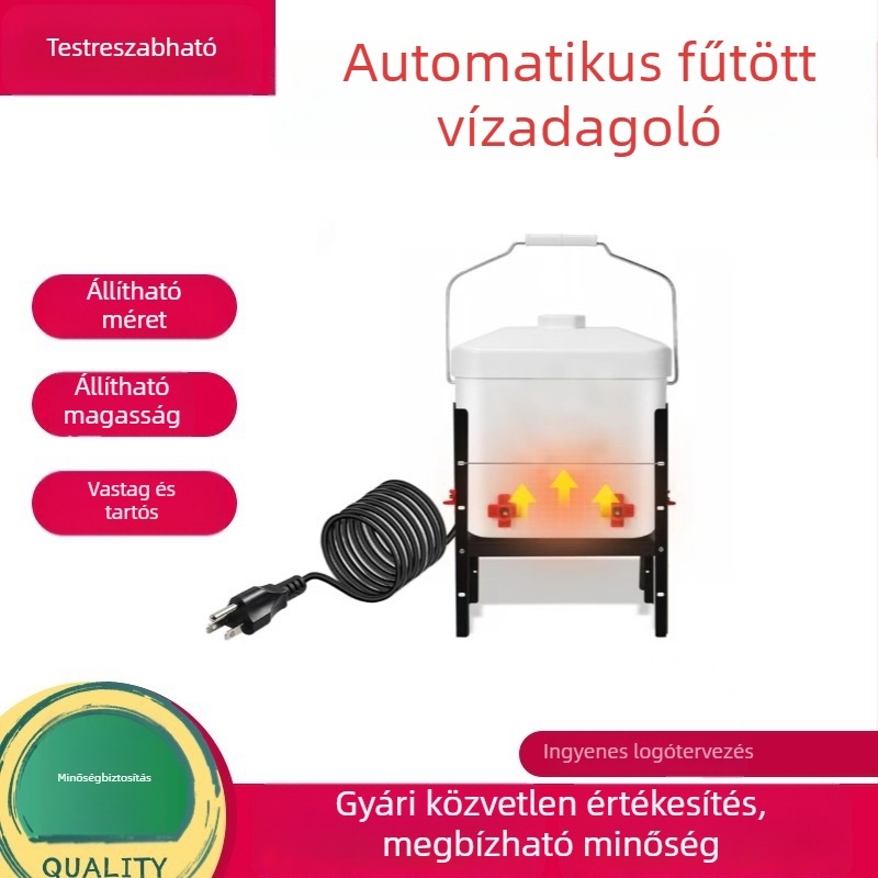 Téli fűtésű, állítható magasságú baromfi itató automata fűtéssel és antifagyasztó vízellátó rendszerrel, alkalmas tyúkólhoz.