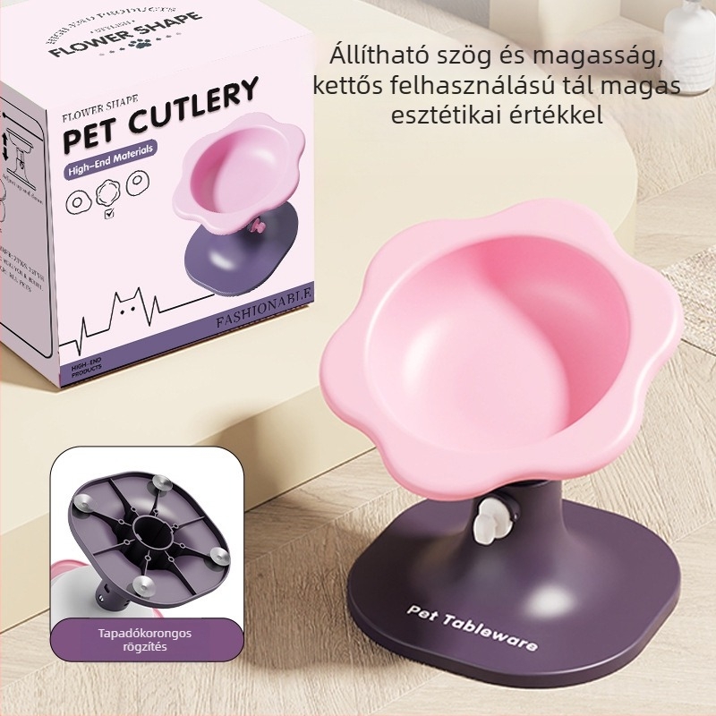Macska- és kutyatál, állítható magasságú, kiöntés elleni kialakítás, ivóedény British Shorthair és Pomeranian számára