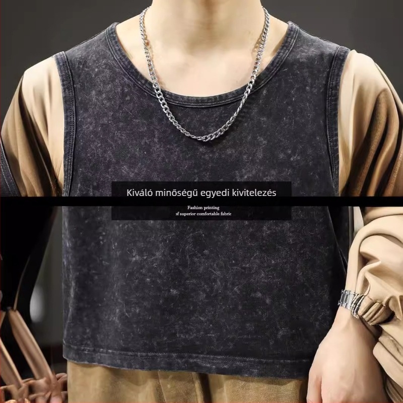 Férfi nyári ujjatlan T-shirt-vest, laza szabás, trendi retro mosott hatású tanktop.