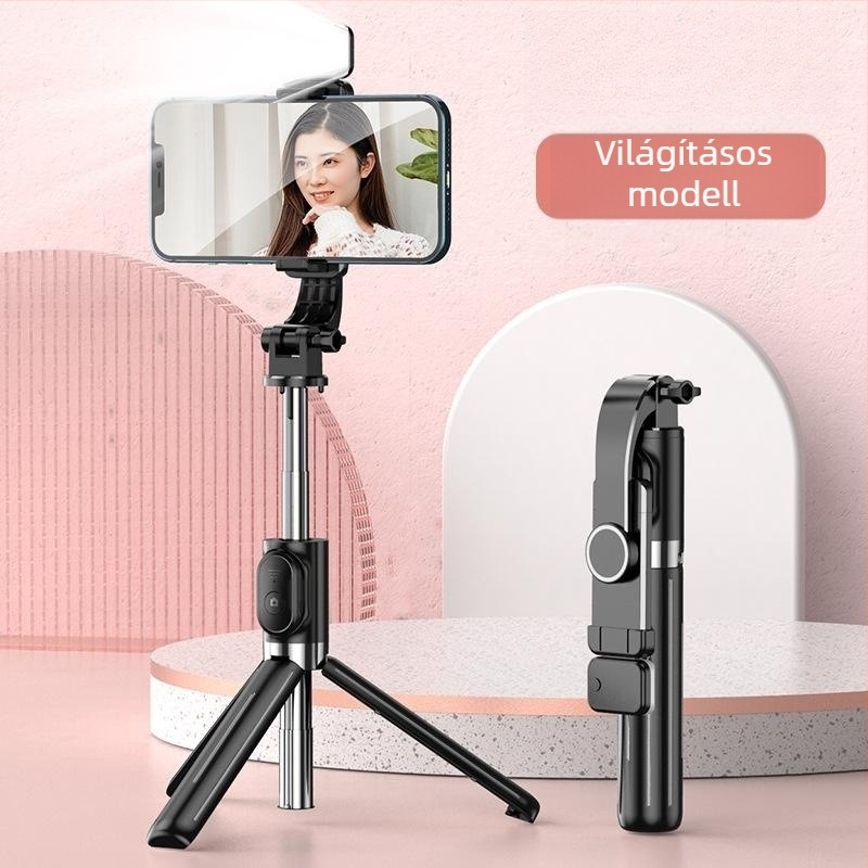 Teleszkópos selfie bot Bluetooth távirányítóval, anti-shake stabilizáció, világítás és beépített tripod