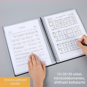 A4-es átlátszó kotta mappa állítható kotta-klipszekkel, fényvisszaverődésmentes, letehető lapok, testreszabható logó