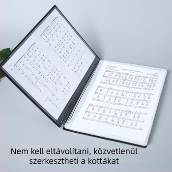 A4-es átlátszó kotta mappa állítható kotta-klipszekkel, fényvisszaverődésmentes, letehető lapok, testreszabható logó