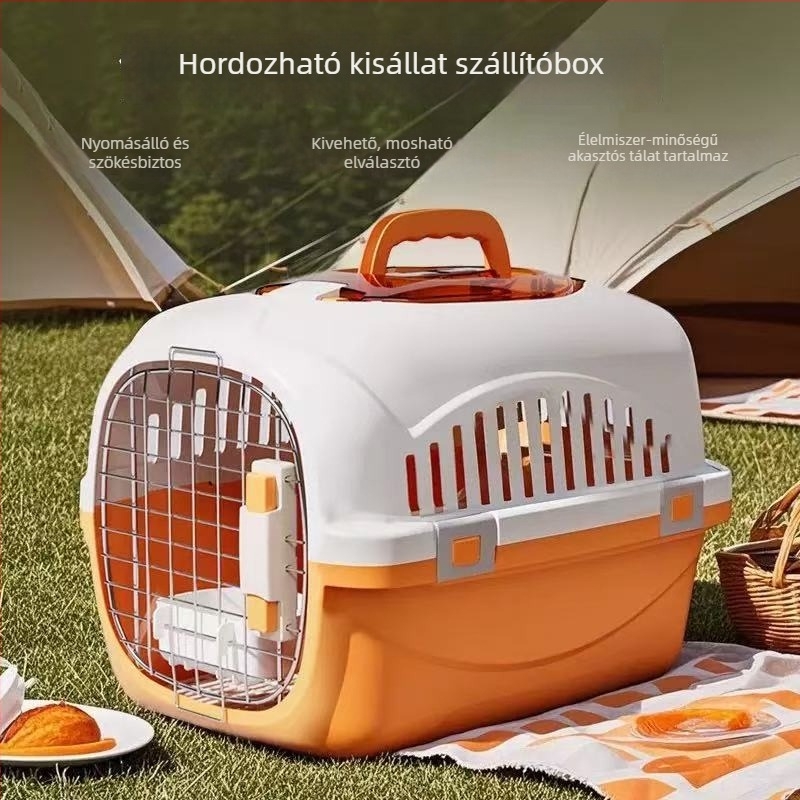 Hordozható háziállat szállítódoboz macskáknak és kutyáknak, autóban használható, PP anyagból, tetőablakkal