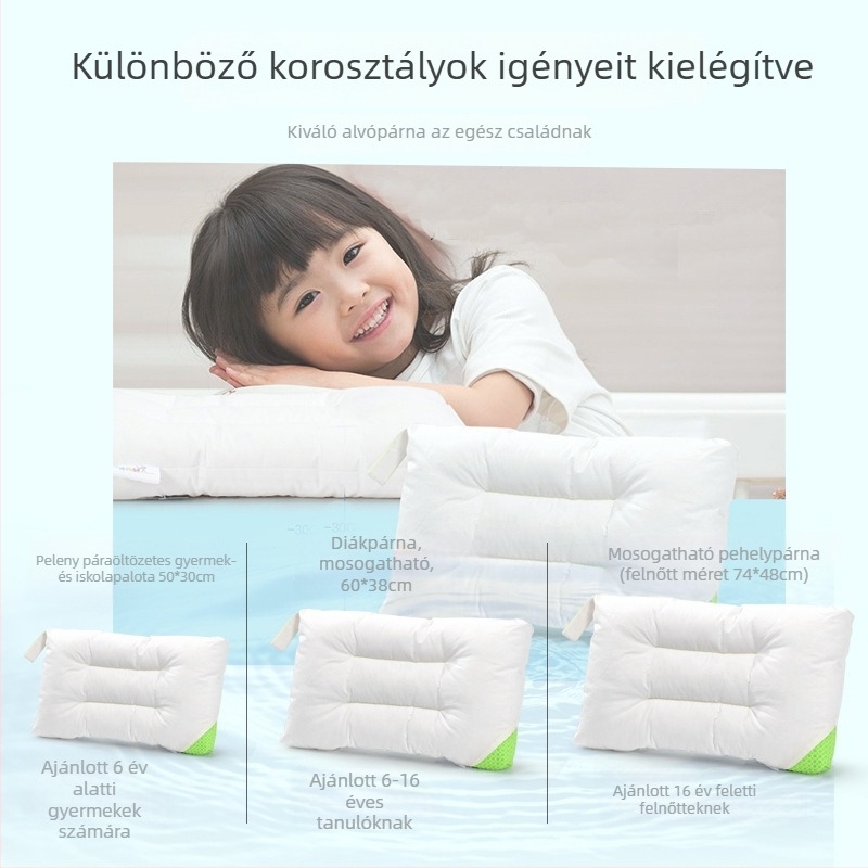 Gyerek párna, téglalap alakú, magasság 1–5 cm, tömeg 0.55–1.0 kg, poliészter rost töltet (100%), anyaga: 100% pamut