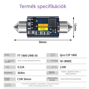 Autó LED olvasólámpa és hangulatvilágítás, kéttónusú fehér és jégkék, CSP 1860, 36 mm-es tetővilágítás