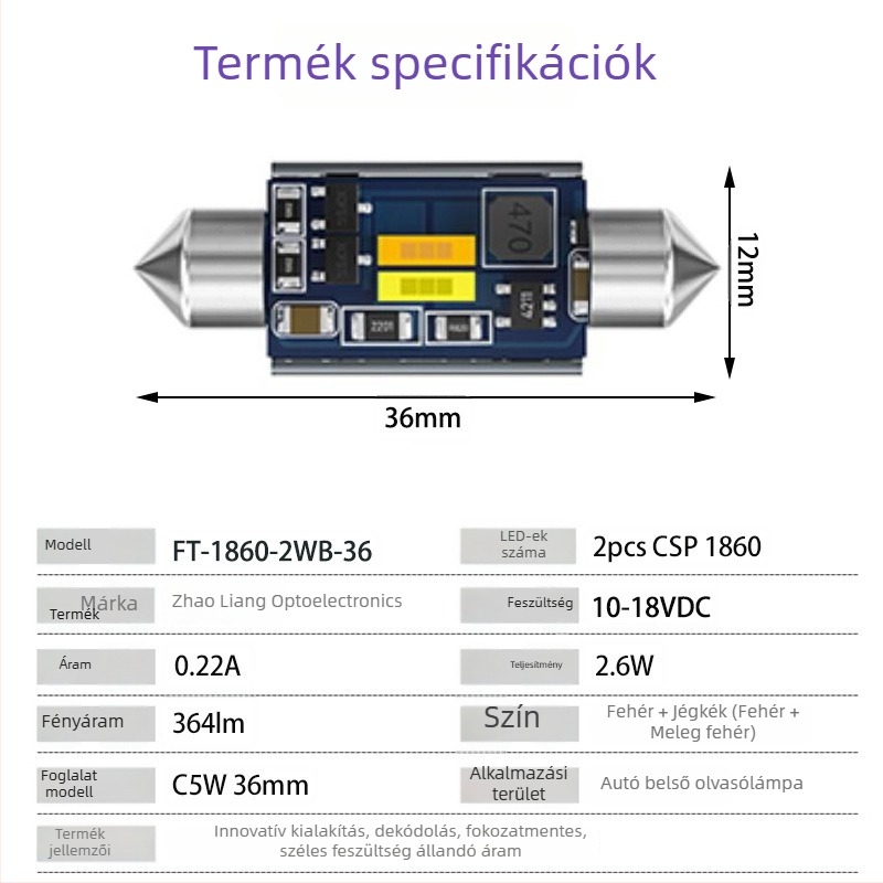 Autó LED olvasólámpa és hangulatvilágítás, kéttónusú fehér és jégkék, CSP 1860, 36 mm-es tetővilágítás
