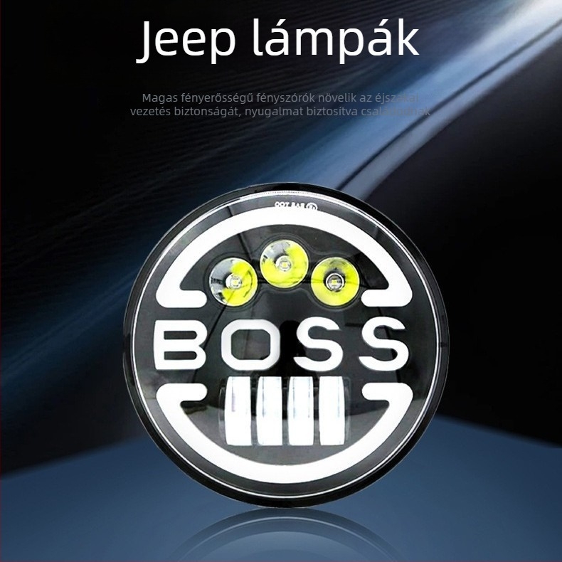 7 hüvelykes Boss-stílusú tetővilágítás Wranglerhez, off-road, LED fényszórók, ködfények és spot, első lökhárító világítás