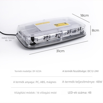 Autó figyelmeztető fény 48 LED-del, mágneses tetőre szerelés, 12–24V DC, modell 823A-48LED