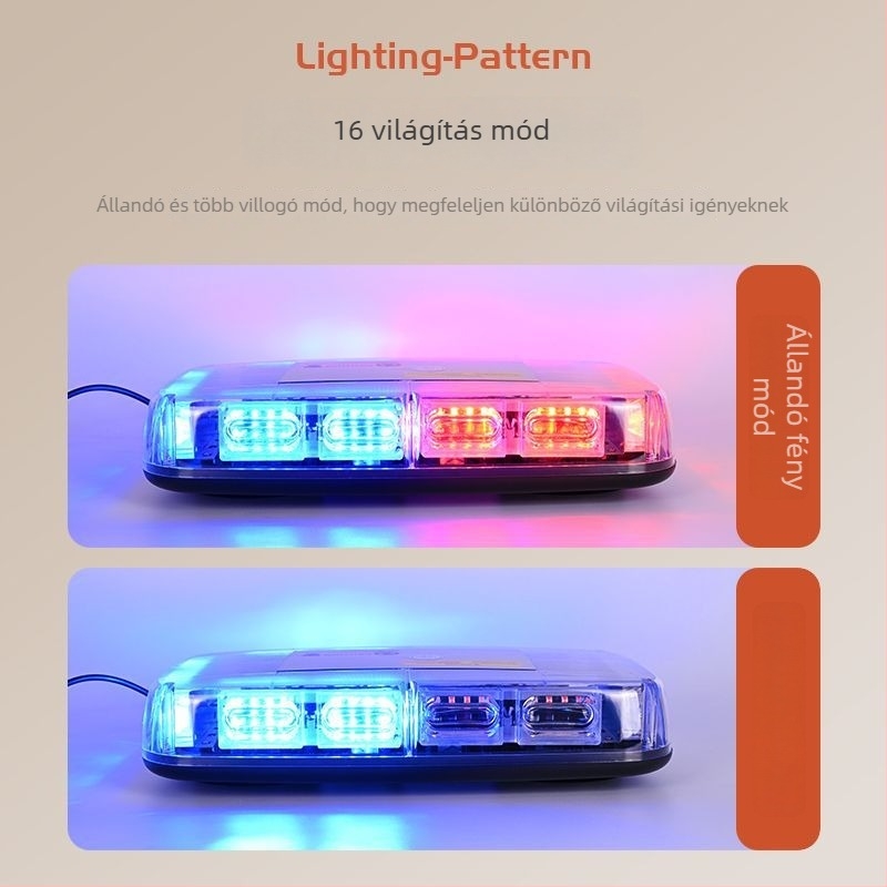 Autó figyelmeztető fény 48 LED-del, mágneses tetőre szerelés, 12–24V DC, modell 823A-48LED