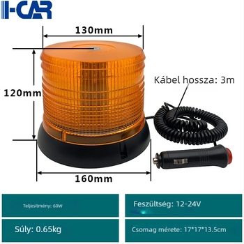 60 LED-es riasztó fény targoncákhoz és forgalmi járművekhez, mágneses tetőre szerelés, 12-24V, PC-ház